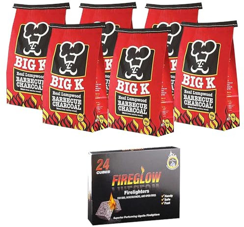Big K 6 x 3KG Lumpwood Barbecue Charcoal BBQ Coal Instant Light Briquettes Charcoal Grill Bags with 24 Cubes Fireglow Firelighters for Outdoor Barbecues, Fire Pit, Camping or Picnics