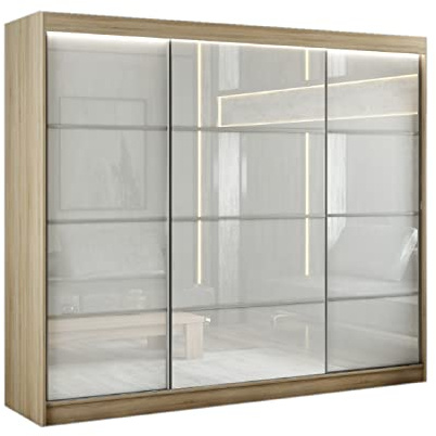 Margaret Hadas24 Kleiderschrank Porto III 250cm, mit Spiegel, Mehrzweckschrank, Schwebetürenschrank, Garderobenschrank, Kleiderstange, Kleiderständer, Flurschrank,3-türig, braun, lacobel weiß, Sprosse