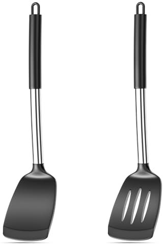 Avesteir 2 Piezas Espatula Silicona, Espátulas de Cocina Antiadherente Resistente al Calor 35cm, Espátulas de Silicona con Núcleo Acero Inoxidable, Utensilios de Cocina para Hornear Tortitas (Negro)