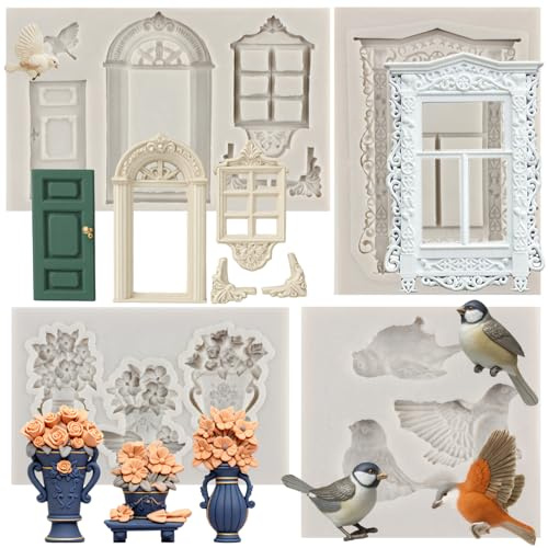 MYPRACS 4 Stück Fenstertür Silikonform Vogel Fondant Formen | Blumenform Rahmen Kuchenrand Silikonformen Schokolade Kuchen Dekoration Cupcake Topper Süßigkeiten Gummipaste