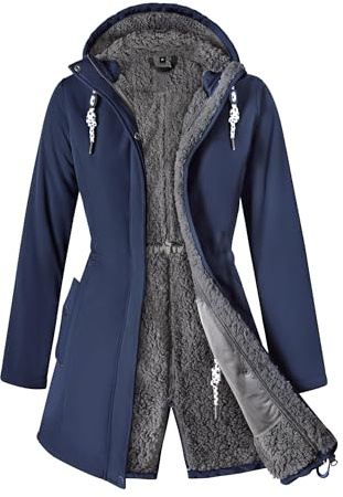 ATLASLAVA Vinterkappa dam fleece varm lång jacka softshellrock övergångskappa vinter S-3XL, Marinblå, M