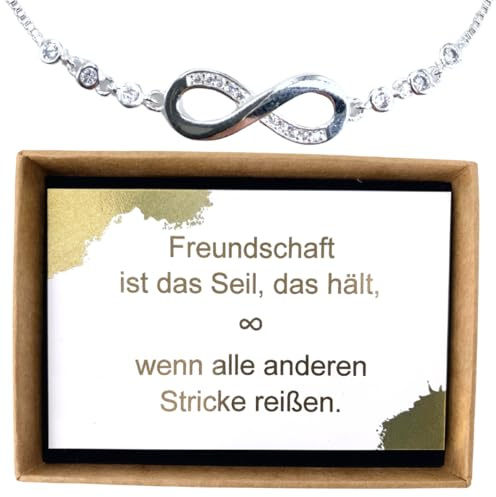 ONDEGO® 925 Silber HANDMADE in GERMANY Infinity Armband mit Strass, verstellbar 13–24 cm, Freundschaftsarmband beste Freundin Geschenk mit Karte & Geschenkbox