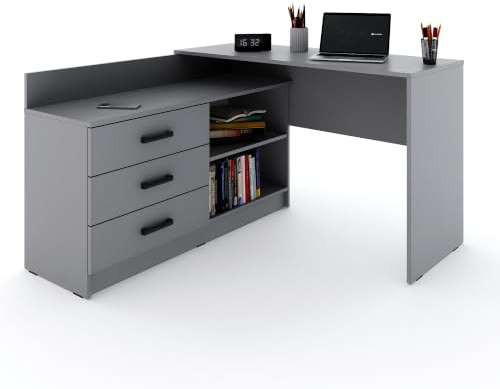 Marlux-Meble Schreibtisch mit Schubladen 3 und Regalen 2 | Eckschreibtisch Grau Matt | PC Schreibtisch L Form mit Stauraum (Omega Schreibtisch Holz 131x120x76 cm)