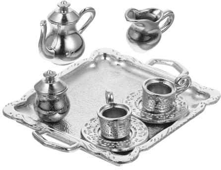 HEMOTON Juego de Té Miniatura de Metal para Casa de Muñecas Incluye Bandeja Mini Tazas y Tetera Accesorios para Cocina Miniatura Juego de Simulación Decoración para Casita de Muñecas