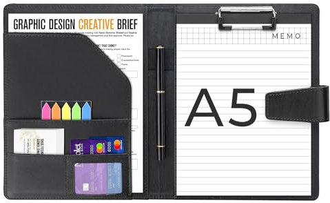 Agoer Porte Document A5, Port Bloc A5 Pu Cuir avec Fermeture Magnétique, Planchettes Porte-Formulaires Conférencier Portfolio Porte Bloc avec Pince, Bloc Note, Papier, Adhésives et Stylo