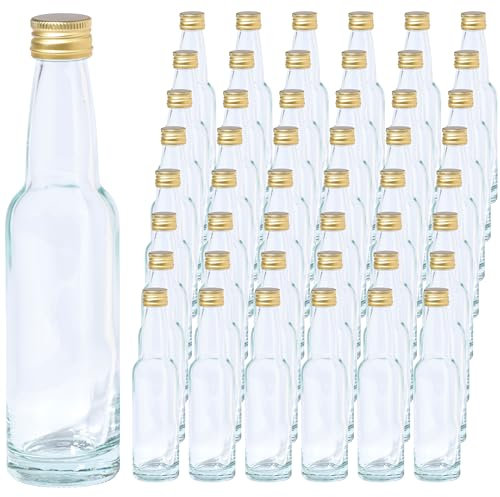 Vitrea 48 leere Glasflaschen 100ml Schraubverschluss Gold - kleine Flaschen zum Befüllen mit Deckel - für Saft, Getränke, Likör, Öl, Saucen, Sirup - 48 Stück, PP22, Kropfhals