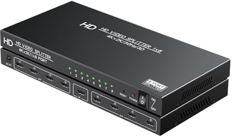 LinSeek HDMI-splitter 1 i 8 Out-4K HDMI Splitter 1 x 8 HDMI Splitter -8 HDMI-utgång - HDMI-splitter drivs med nätadapter, kompatibel med 4Kx2K@30Hz、3D, för utställning, presentation,