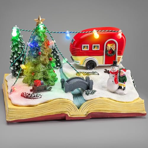 CHRISTOW Christmas Village Scene with Music, Light Up LED Snowy Caravan Decoration, Polyresin Festive Ornament, Plays 8 Musical Xmas Song, Battery or Mains Operated (H14.5cm x W21cm x D14cm)
