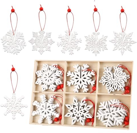 Anstore 24 Stück Schneeflocken aus Holz - 6 Designs (4 STK/Design) Christbaumschmuck, Weihnachtsschmuck mit Schnur als Holzdeko zum Basteln - 7cm
