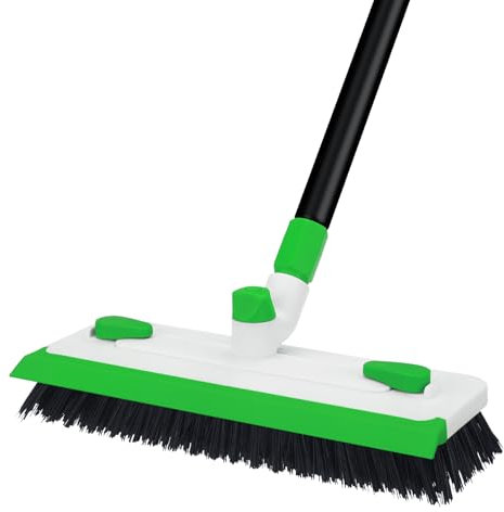 Qaestfy Floor Grout Scrub Brush with Squeegee 3 in 1, 55'' Extendable Long Handle Floor Scrubber Cleaner Brush for Scrubbing Deck, Tile, Garage Floor, Patio, Concrete, Rug, Shower Bathroom - Green