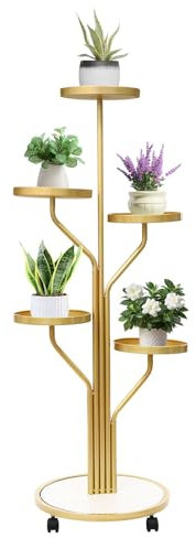 Susoso 5-stufiger Pflanzenständer, Blumentopfständer mit 4 Universal-Räder Blumenregal Pflanzenregal für Balkonen 60x130 cm Gold