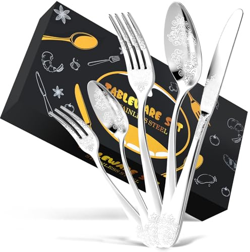 DRAGON RIOT Couvert de Table 8 Personnes - 40 Pieces Set de Couverts en Acier Inoxydable, Menagere Argent avec Couteaux à Manger, Fourchette, Petite Cuillère, Ménagère pour Le Ménage, Restaurant, Fête