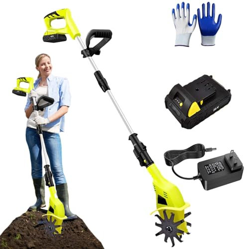 20V Electric Rototiller with 2000mAh Batteries & Battery Charger, 250RPM Portable Cordless Garden Tiller with Glove & 2 15cm Blades, 25cm Tilling Depth, 97-127 Retractable Cultivator for Garden