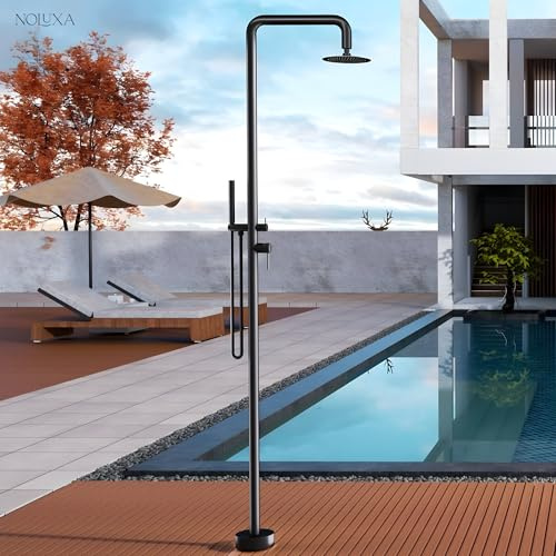 NOLUXA IMEX - Ducha Piscina Exterior Acero S.316 Agua Caliente Fría Negro Mate | Ducha Empotrada Suelo para Jardín, Piscina y Terraza con Alcachofa y Rociador | Grifería Monomando con Doble Entrada