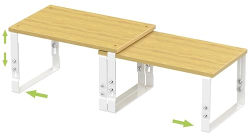 Adjustable Storage Shelves for Kitchen Cabinet Organization - Set of 2 Stackable Metal & Solid Wood Racks, Space-Saving Design for Countertop/Pantry/Garage, Easy Assembly(1 Pack/Medium/White)