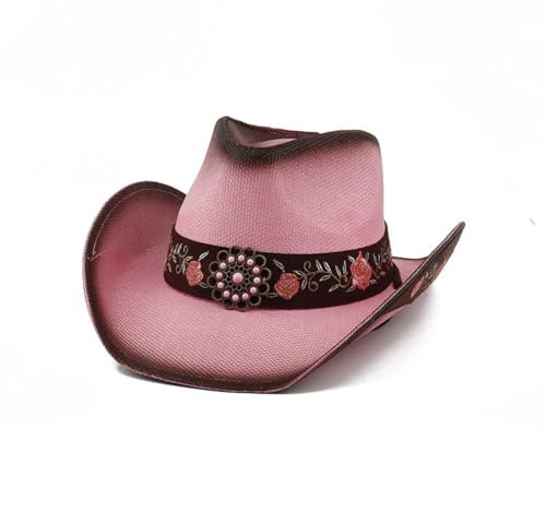 WUFANGBU Fedora Trilby Filzhut Hut Gras Gewebter Denim-Hut Bestickt Atmungsaktiver Sonnenschirm Paar Stil Sonnenhut Strandhut Grashut Damenhut Einheitsgröße Rosa