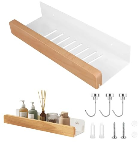 PHMING Duschablage zum Bohren, 30 cm Duschgel Halterung, Weiß Wandregal Bad, mit Magnetischen Haken Bad Regal Wand, für Badezimmer, Küche, Schlafzimmer