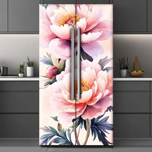 GOMAKERER 2pz Pellicola Protettiva per Frigorifero Rimovibile con Motivo A Peonia Rosa, Adesivo per Porta Del Frigorifero In Vinile per Pannello Congelatore per La Decorazione Di Bancone, 2x0.415m