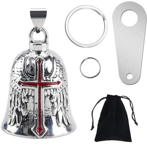 Guardian Bell - Campana para motocicleta, amuleto de la suerte con soporte de montaje, 2 llaveros, anillos y bolsa organizadora, accesorios de motocicleta para hombres y mujeres, protección de