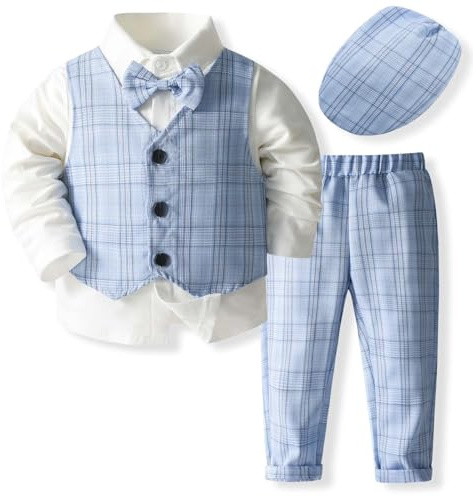 Taufanzüge Jungen Taufe Kleidung Anzüge,Kinder Evening Smoking Gentleman Outfits Bekleidungssets,Formelle Kleidung Formale Hemd + Fliege + Weste + Hose + Hut Kinderkleidung für 2-9 Jahre