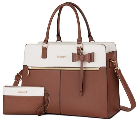 MOSISO Borsa Tote Laptop Donna, 15.6 Pollici Lavoro Pelle PU Impermeabile con Pochette e Fiocco, Borse a Mano Grande Capacita, Borsa a Tracolla Computer, Valigetta Lavoro Ufficio, Insegnante,Marrone
