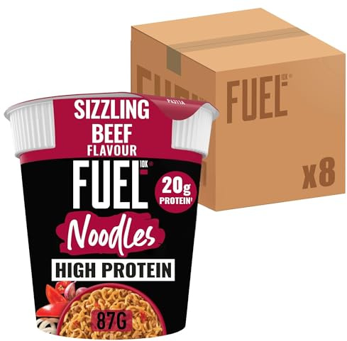 FUEL10K High Protein Sizzling Beef Instant Noodles, 87 g (8-Pack) | 20 g Protein per Meal, Quick & Ready in 4 Minutes, 8 Microwaveable Pots, Savoury & Spicy, Perfect Lunch or Post-Workout Snack