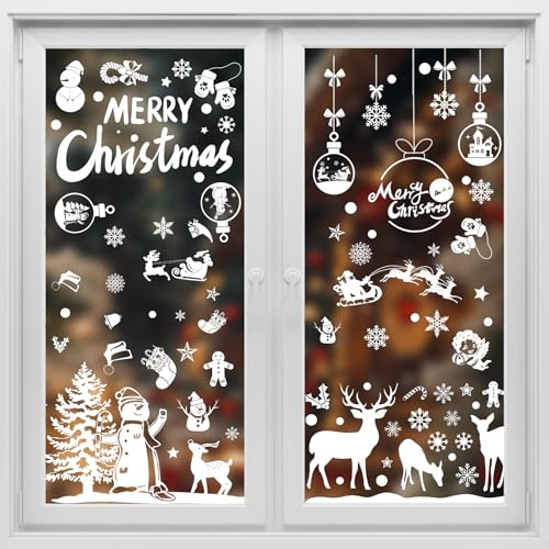 SLWOO Fensterbilder Weihnachten Selbstklebend, 256 Stück Schneeflocken Fensterdeko Weihnachten, Wiederverwendbar, Wasserdicht, PVC, Weihnachtsdeko Aufkleber für Fenster Türdeko Weihnachtsgeschenke