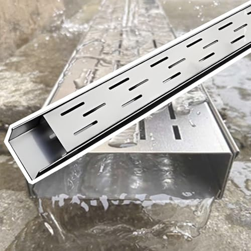 Desagüe delgado de acero inoxidable con rejilla, kit de drenaje ajustable para interiores y exteriores, para jardines, garajes, patios y pasarelas (3,5 x 5 cm)