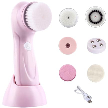 Tisujune Facial Cleansing Brush - Face Wash Brush Electric with 6 Replacement Heads - Massaging Scrub Tool Spa Machine for Body Chin Cheeks Forehead