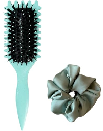 Spazzola STYLING CURLY + SCRUNCHIE in seta, Curly hair brush districa e modella, spazzola capelli ricci riduce trazione arricciacapelli naturale, elastico in seta per legare i capelli senza rotture