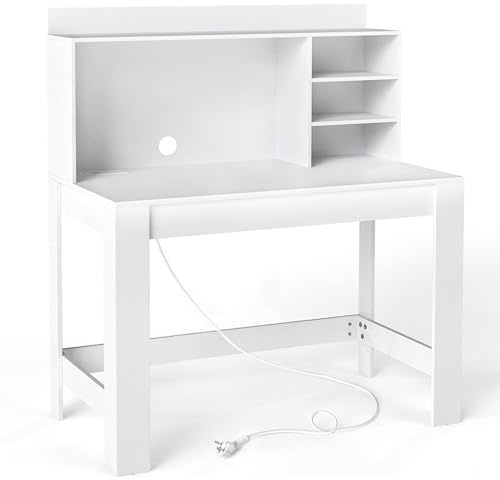 GYMAX Escritorio de Ordenador, Mesa de Estudio con Amplio Tablero y Compartimentos Abiertos de Almacenamiento, Escritorio de Computadora con Estación de Carga para Dormitorio, Oficina (Blanco)
