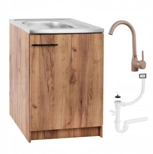 Stamar Möbel Spüle mit Unterschrank 60 cm Eiche Gold Küchenspüle 1-Kammer & Edelstahl-Spülbecken kompakter Spülenunterschrank für Küche, Standschrank 50cm Tiefe Siphon Montagefertig