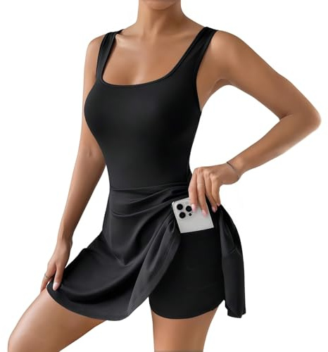 MANJIAMEI Robe de Tennis avec Short Femme sans Manches Col en U Courte Une Ligne Patineuse Robes de Golf avec Poche Course à Pied Fitness Entraînement Exercice Athlétique Robes de Sport Actif