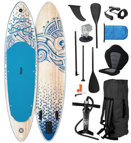 BRAST SUP Board Wood | Aufblasbares Stand up Paddle Set | 320x81x15cm | 2 Designs | 5 Jahre Garantie | inkl. Sonderzubehör | 2in1 Paddel Kajak-Sitz Action-Cam-Halterung Fußschlaufe | Tribal