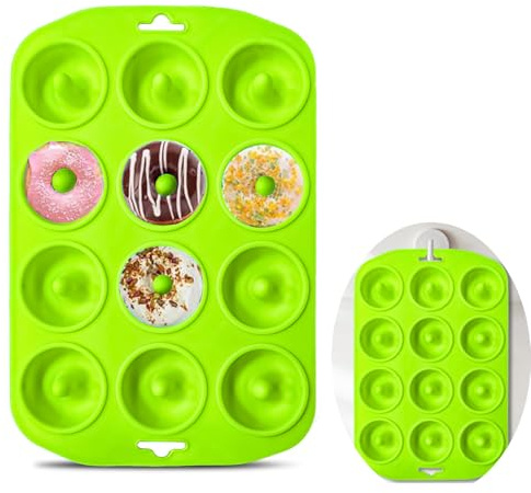 Cupidove Silicone Mini Doughnut Maker Baking Muffin Pan Tray 12 Holes Pure Food Grade Green Makes12 Full Size Donuts, BPA Free, German LFGB Approved | Heat Resistant Mini Donut Mold for baking Donuts, Muffin, Cake Biscuit Bagels, Non-stick Bottom, Dishwasher Safe