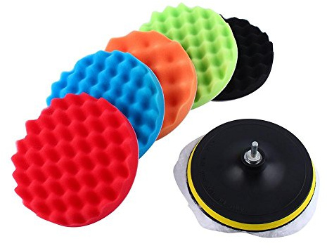 Keenso - Juego de almohadillas de pulido de esponja (18 cm, espuma de encerado y pulido, para lijado de coche, 5 almohadillas de 18 cm + 1 pulidor de lana + 1 adhesivo)