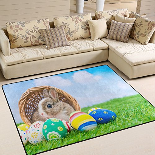 Use7 Osterteppich mit lustigem Haseneier auf grünem Gras für Wohnzimmer Schlafzimmer, Textil, Mehrfarbig, 160cm x 122cm(5.3 x 4 feet)