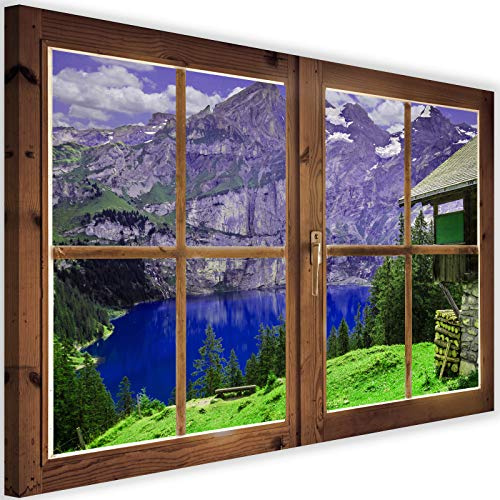 Feeby Cuadro en Lienzo XXL Ventana Falsa 120x80 cm 1 Pieza Modernos Impresión Artística Calidad Fotografica Imagen Decoración de Pared Salon Dormitorio Cocina Oficina Pasillo Montes Lago Multi