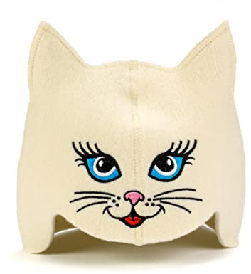 Natural Textile Saunahut 'Sauna Kitten Cat' White - 100% organische Wollfilzmützen - Schützen Sie Ihren Kopf vor Hitze - Englische Sauna E-Book Handbuch inklusiv - mit Stickerei