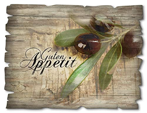ARTland Wanddeko Bild aus Holz Holzbild vintage Deko 40x30 cm Querformat Essen Oliven Toskana Guten Appetit Mediterran Braun H6ZI