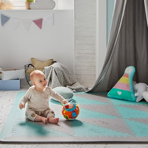 LuBabymats Puzzlematte für Babys aus Schaumstoff (Eva), extra gepolsterter Boden für Kinder, Mint und Grau