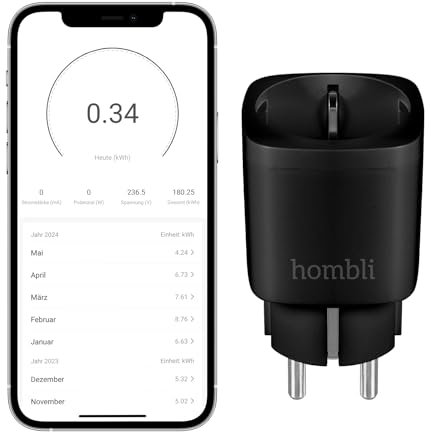 Hombli Smart Socket EU – Prise Wi-Fi Intelligente avec Surveillance de l'Énergie | Commande Vocale Compatible avec Alexa/Google, Télécommande via App | Planification de Minuterie, Installation Facile