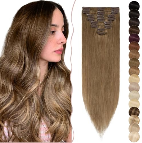SEGO Clip in Extensions Echthaar Haarverlängerung Haarteil 8 teiliges SET günstig Remy Haar weich Hellbraun#6 12(30cm)-55g