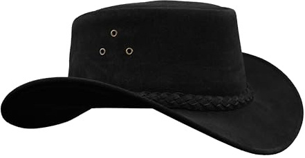 Leatherick Wasserdichter Cowboyhut Echtes Wildleder Schwarz & Dunkelbraun Aussie Style Western Outback Leder Bush Hut (S, Schwarz)