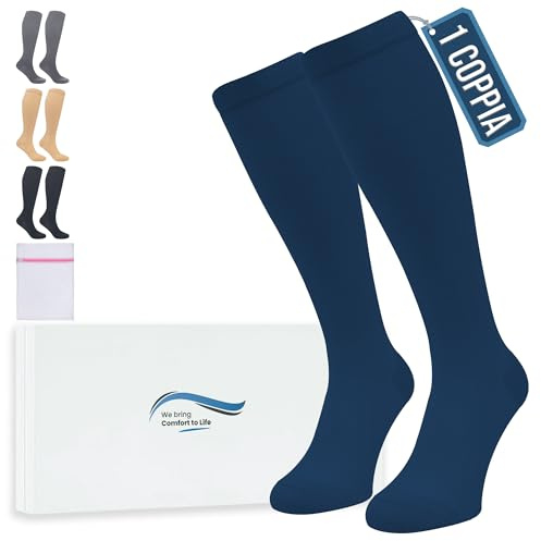 360 Relief Bas de Contention - 1 Paire Couleur Unie Chaussettes de Compression Femme et Homme - Idéales pour Vols, Voyages et Sports - S/M Bleu avec sac de lavage en maille