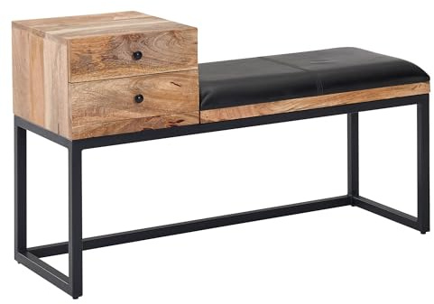 FineBuy Sitzbank 100x35x60 cm Massivholz Echtleder Schwarz, Schublade | gepolsterte Lederbank im Retro Stil mit Stauraum, Garderobenbank bis 120 kg, Polsterbank mit Metall