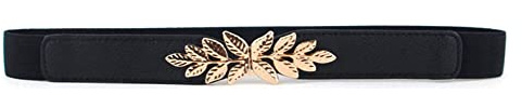 Diyafas Extensible Ceinture Fine pour Femme Décorative Ceintures de Robe Élastique avec Boucle de Feuille Noir