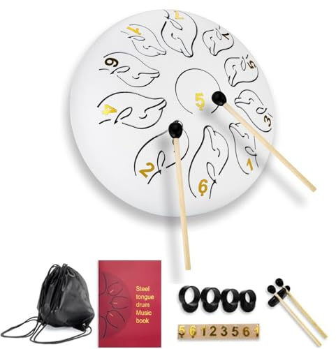 Tongue Drum,11 Noten 6 Zoll Zungentrommel Scheibentrommel,Steel Pan Töne Schlaginstrument Hand Pan Drum mit Tasche,Fingerpick,Musikbuch und Schlägel für Meditation Yoga Klangheilung（Weiß）