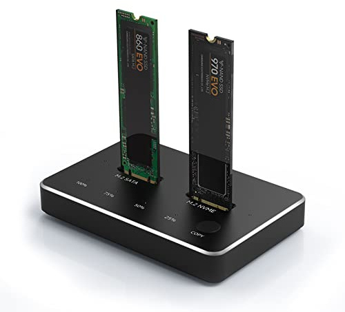 HotTopStar Dual-Bay M.2 NVMe/SATA SSD Docking Station with One-Key Offline Clone – USB 3.1 Gen2 (10Gbps) External Enclosure for 2230-22110 SSDs, Compatible with Windows, Mac, Linux & Android OTG