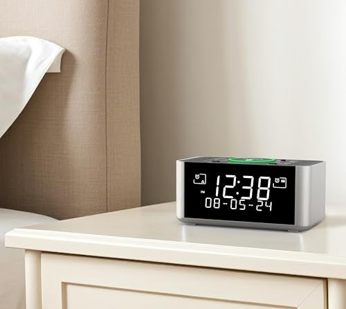 iTOMA Reloj Despertador con Radio Dab, Dab+/FM, 40 Estaciones preestablecidas, Carga inalámbrica, alarmas duales, función de posponer, Pantalla LCD con Ajuste de Brillo, Bluetooth, USB 206D.
